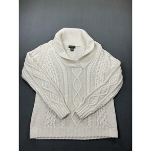 Eddie Bauer Sweater Mens Tall M White Cotton Acrylic Shawl Collar Cable Knit